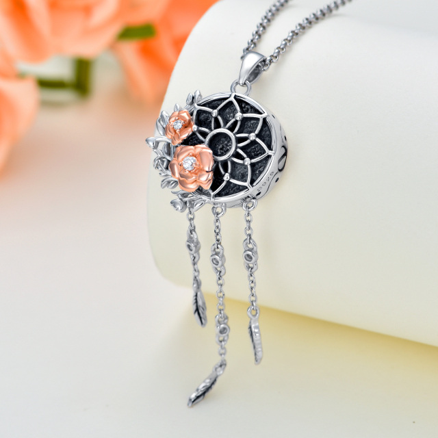 Sterling Silver Two-tone Circular Shaped Cubic Zirconia Rose & Dream Catcher Urn Necklace for Ashes-4