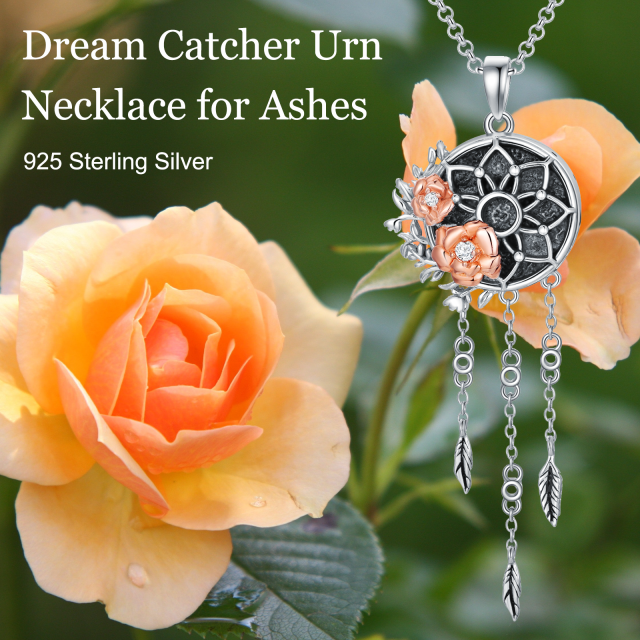 Sterling Silver Two-tone Circular Shaped Cubic Zirconia Rose & Dream Catcher Urn Necklace for Ashes-6