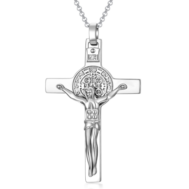 Sterling Silver Cross & Jesus Pendant Necklace for Men-1