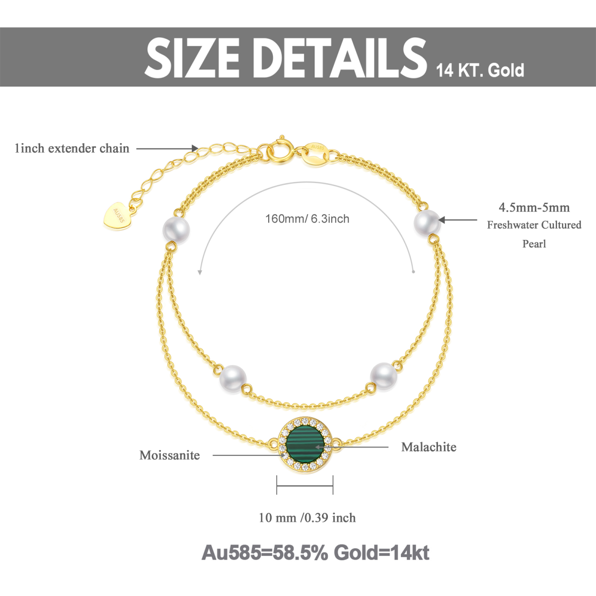 Bracelet en or 14K avec diamants ronds, perles et malachite en couches rondes-5