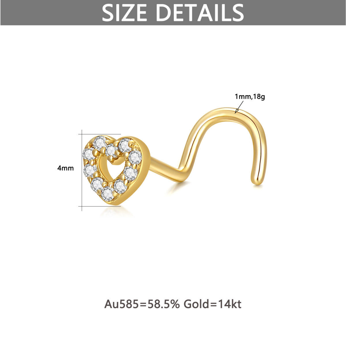 14K Gold Cubic Zirkonia Herz Nase Ring-5