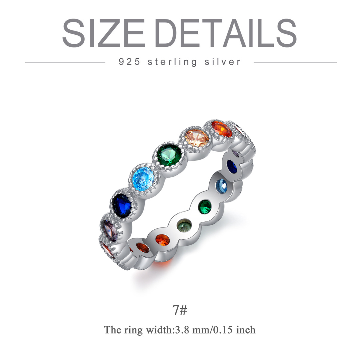 Sterling Silver Circular Shaped Cubic Zirconia Rainbow Ring-5
