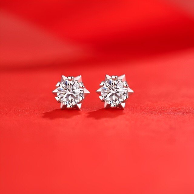 14K White Gold Circular Shaped Moissanite Snowflake Stud Earrings-4