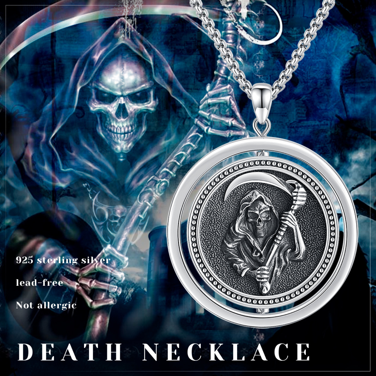 Sterling Silver Skull Pendant Necklace for Men-5