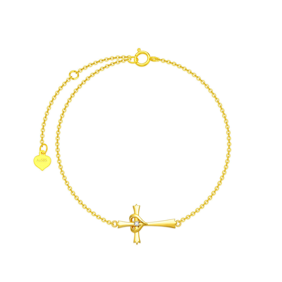 Bracelet en or 14K avec pendentif croix et coeur en zircon cubique-1