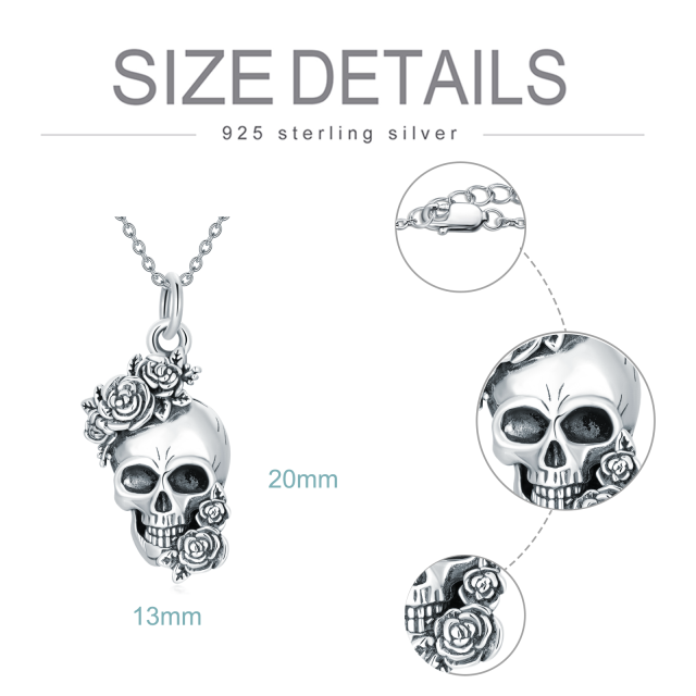 Sterling Silver Rose & Skull Pendant Necklace-3