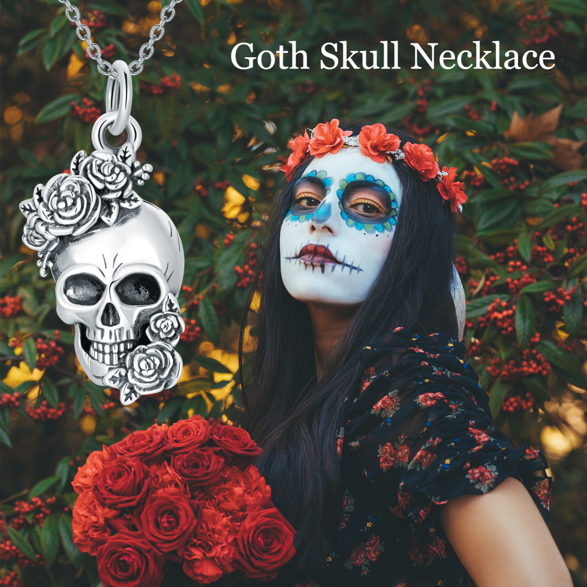 Sterling Silver Rose & Skull Pendant Necklace-5