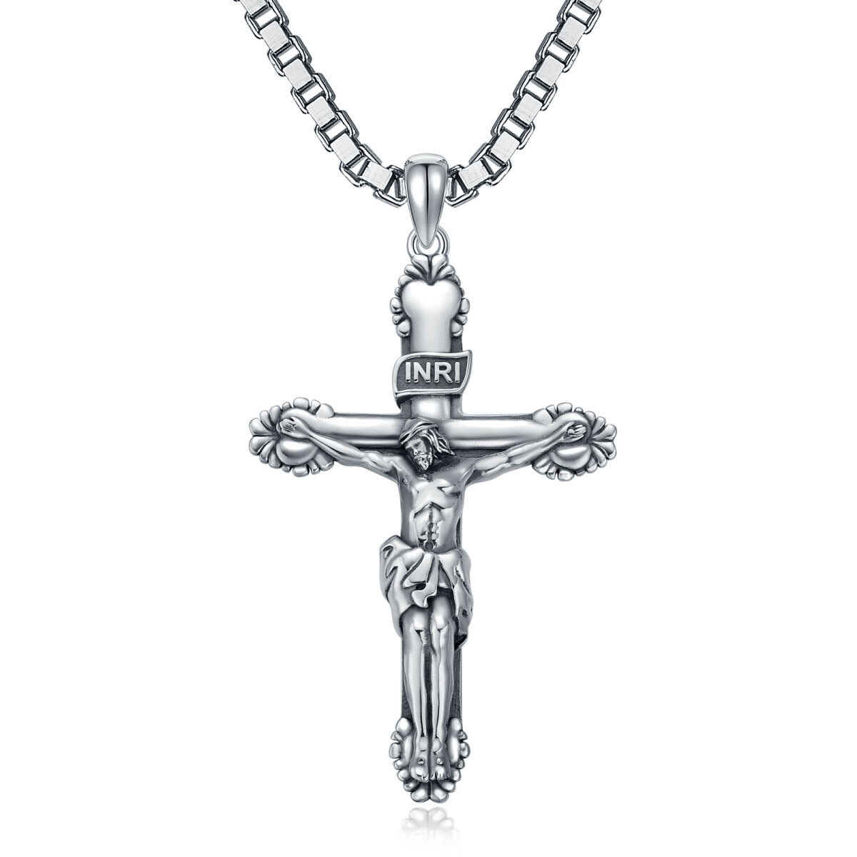 Collier en argent sterling avec pendentif en forme de croix Inri pour les hommes avec chaîne en forme de boîte-1