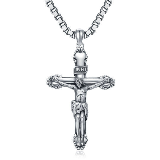 Collar colgante de plata de ley con cruz de Inri para hombre con cadena de caja