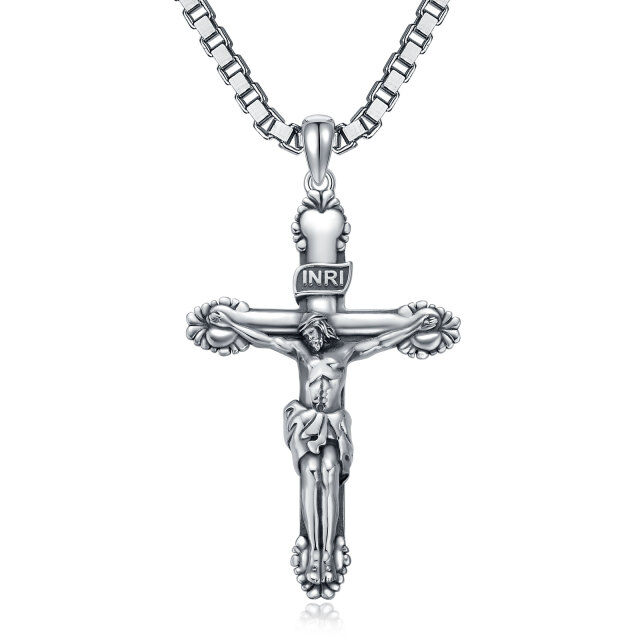 Collier en argent sterling avec pendentif en forme de croix Inri pour les hommes avec chaîne en forme de boîte-0