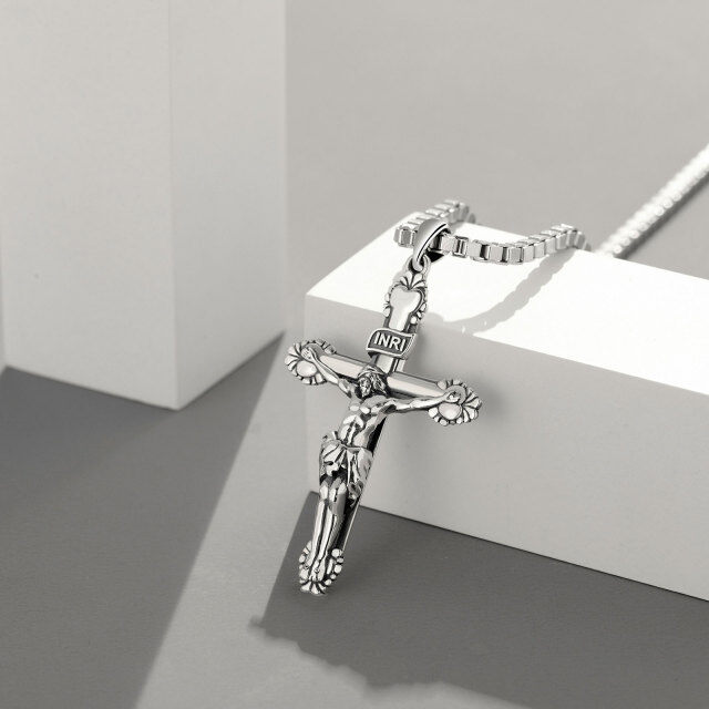 Collier en argent sterling avec pendentif en forme de croix Inri pour les hommes avec chaîne en forme de boîte-2