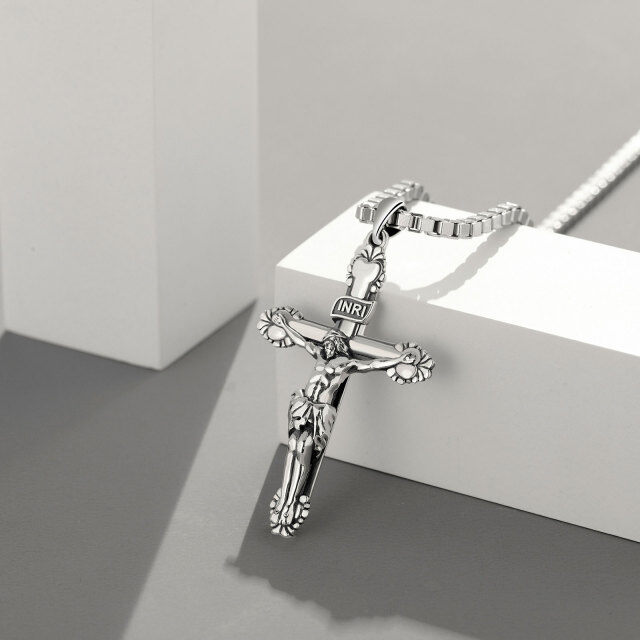 Sterling Silver Inri Cross Pendant Necklace for Men with Box Chain-2