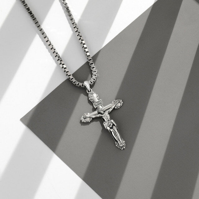 Sterling Silver Inri Cross Pendant Necklace for Men with Box Chain-3