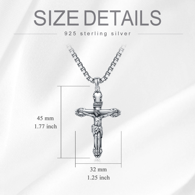 Collar colgante de plata de ley con cruz de Inri para hombre con cadena de caja-4