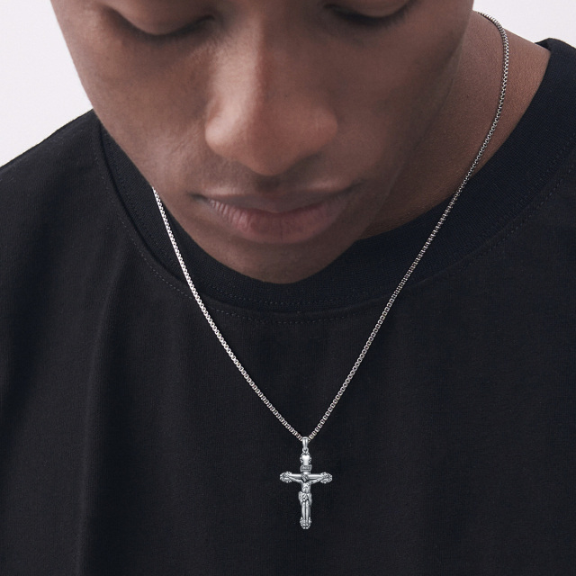 Sterling Silver Inri Cross Pendant Necklace for Men with Box Chain-2