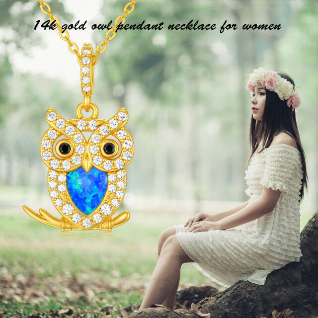 14K Gold Heart Shaped Opal Owl Pendant Necklace-5