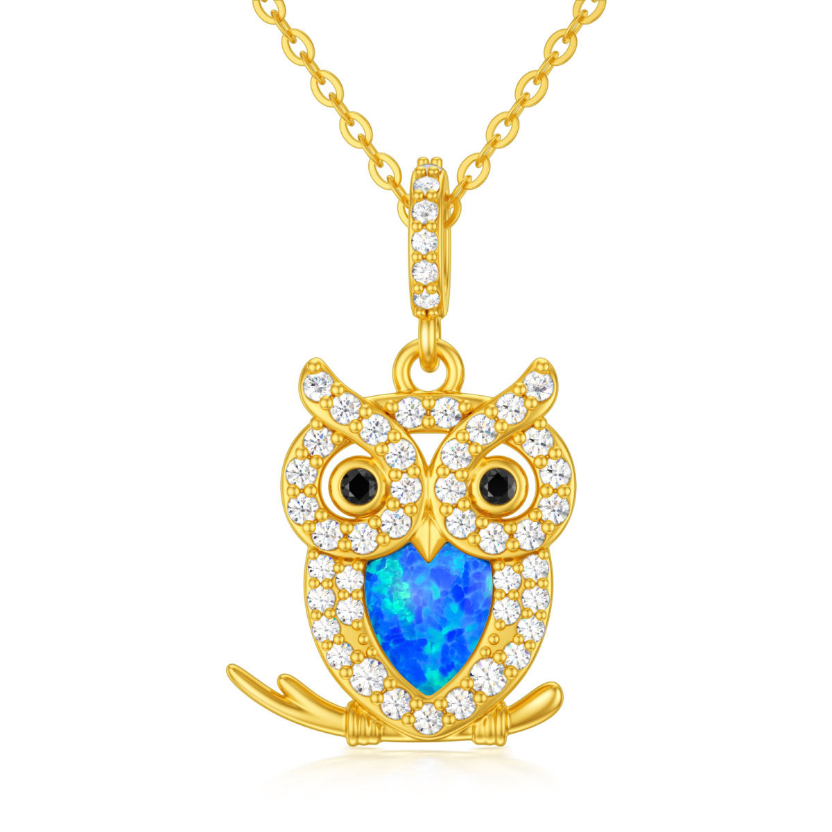14K Gold Heart Shaped Opal Owl Pendant Necklace-1