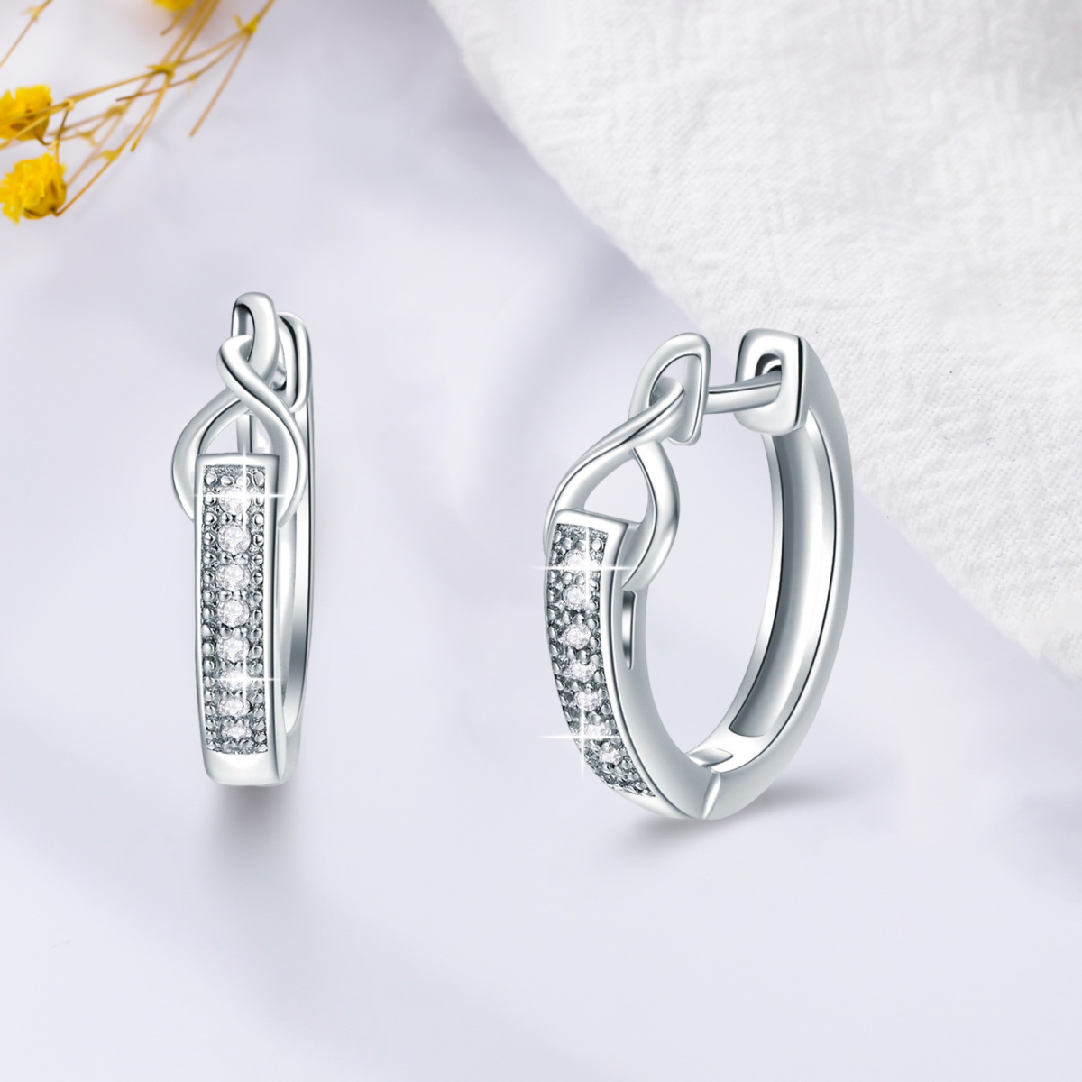 Sterling Silver Circular Shaped Diamond Infinity Symbol Hoop Earrings-5