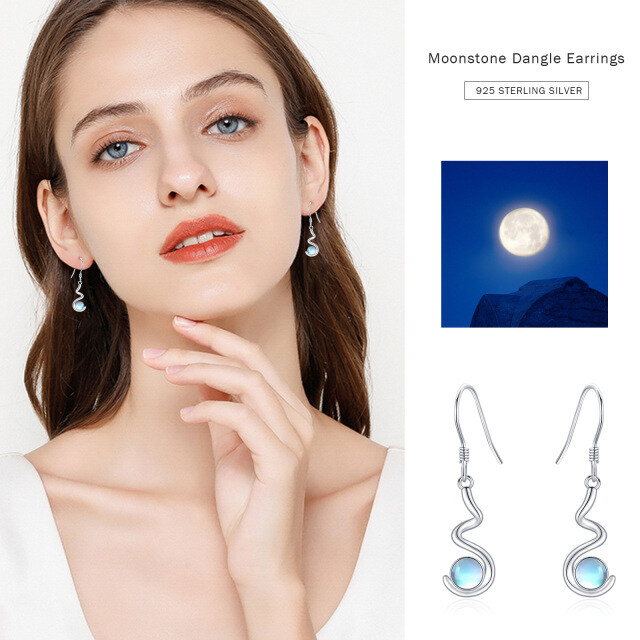 Sterling Silver Wave Shape Drop Earrings Moonstone Dangle Earrings-7