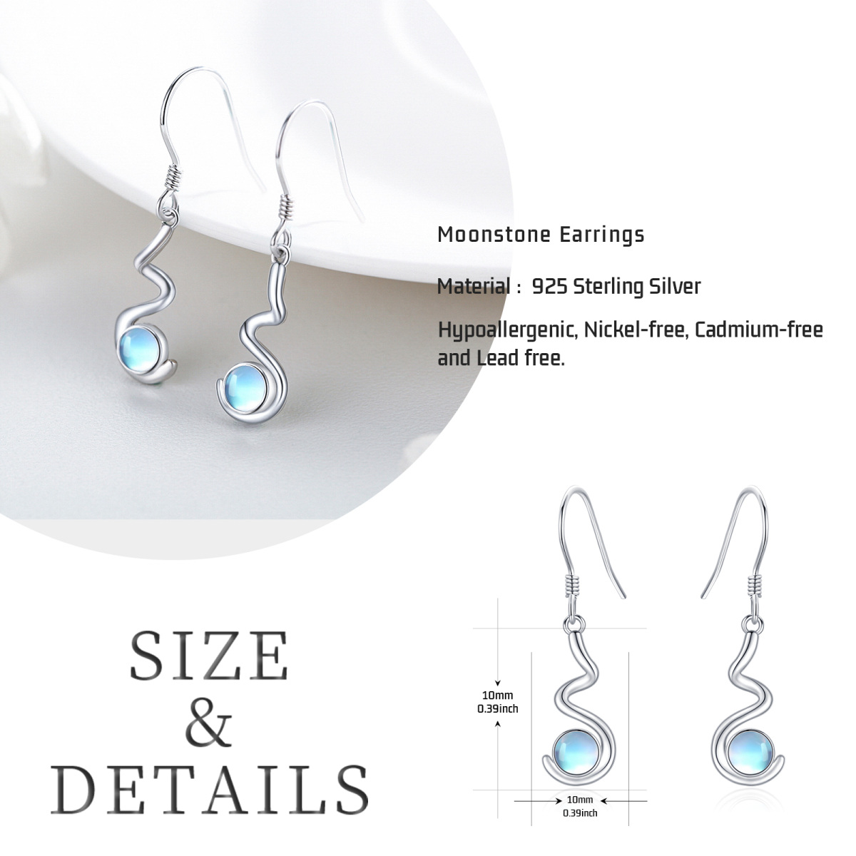 Sterling Silver Circular Shaped Moonstone Drop Earrings-6