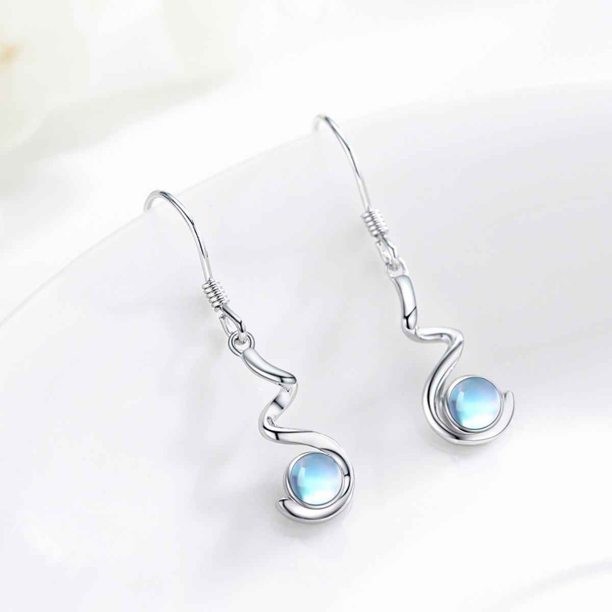 Sterling Silver Circular Shaped Moonstone Drop Earrings-3