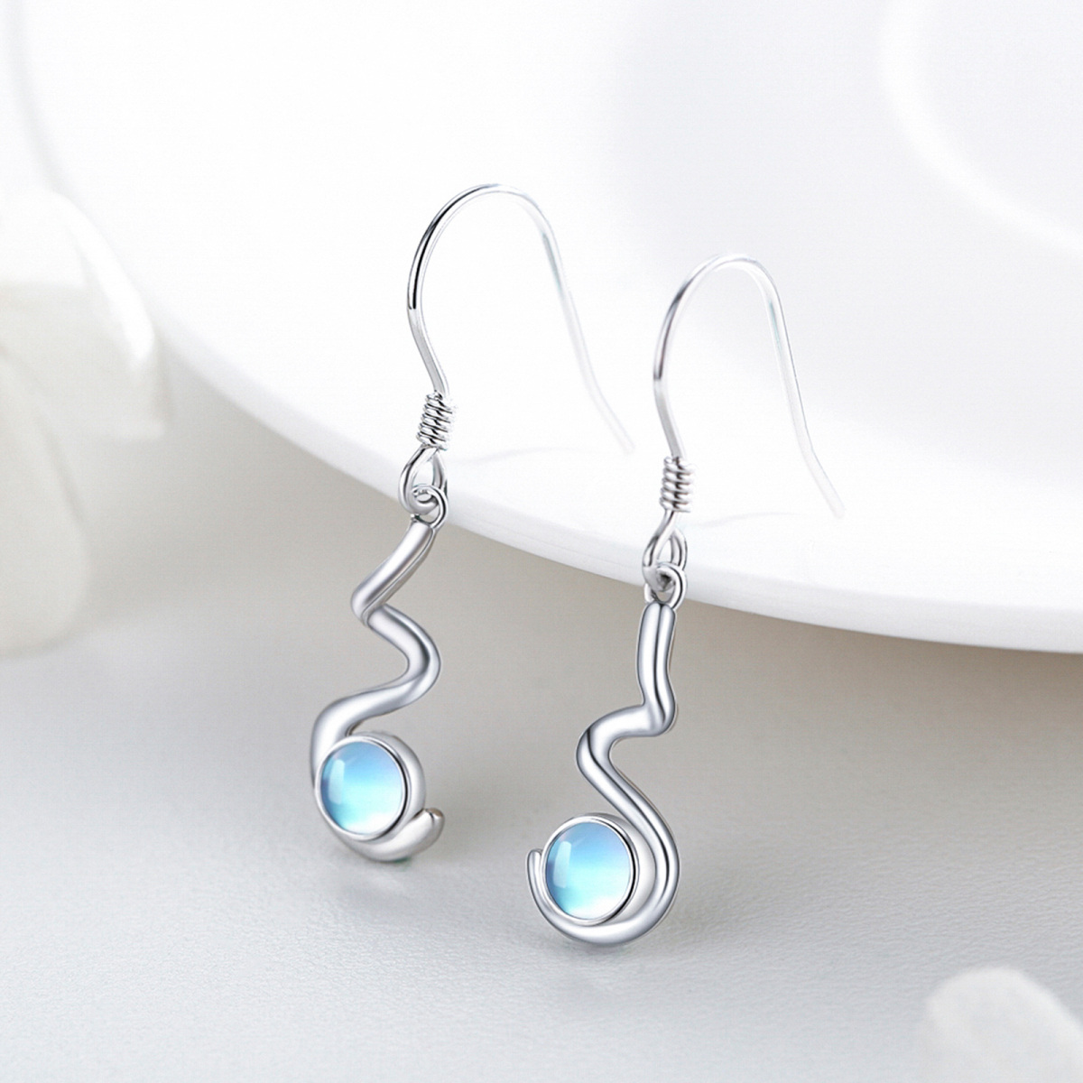 Sterling Silver Circular Shaped Moonstone Drop Earrings-4