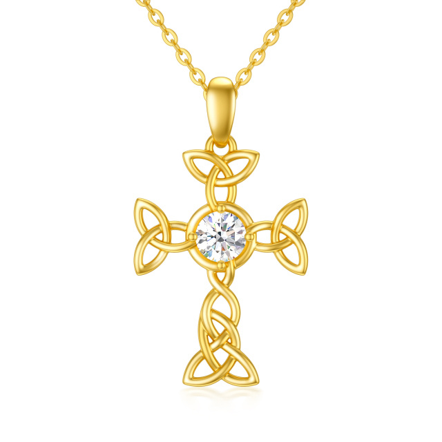 14K Gold Circular Shaped Cubic Zirconia Celtic Knot & Cross Pendant Necklace-1