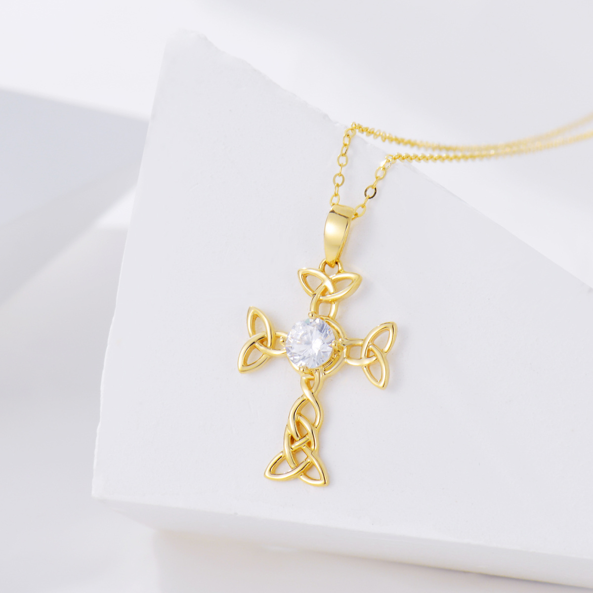 14K Gold Circular Shaped Cubic Zirconia Celtic Knot & Cross Pendant Necklace-4