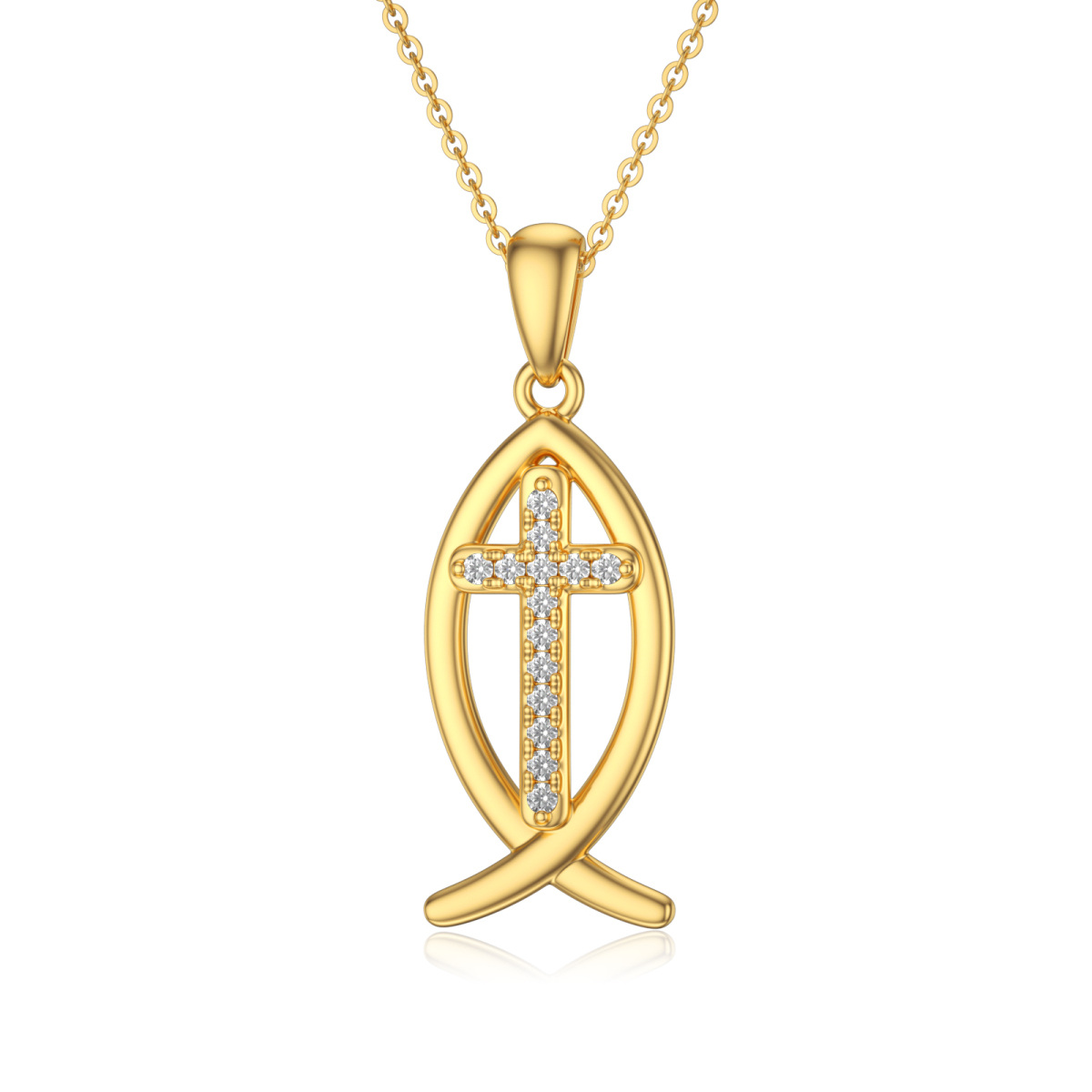 Collier en or 14K avec pendentif poisson et croix en zircon cubique-1