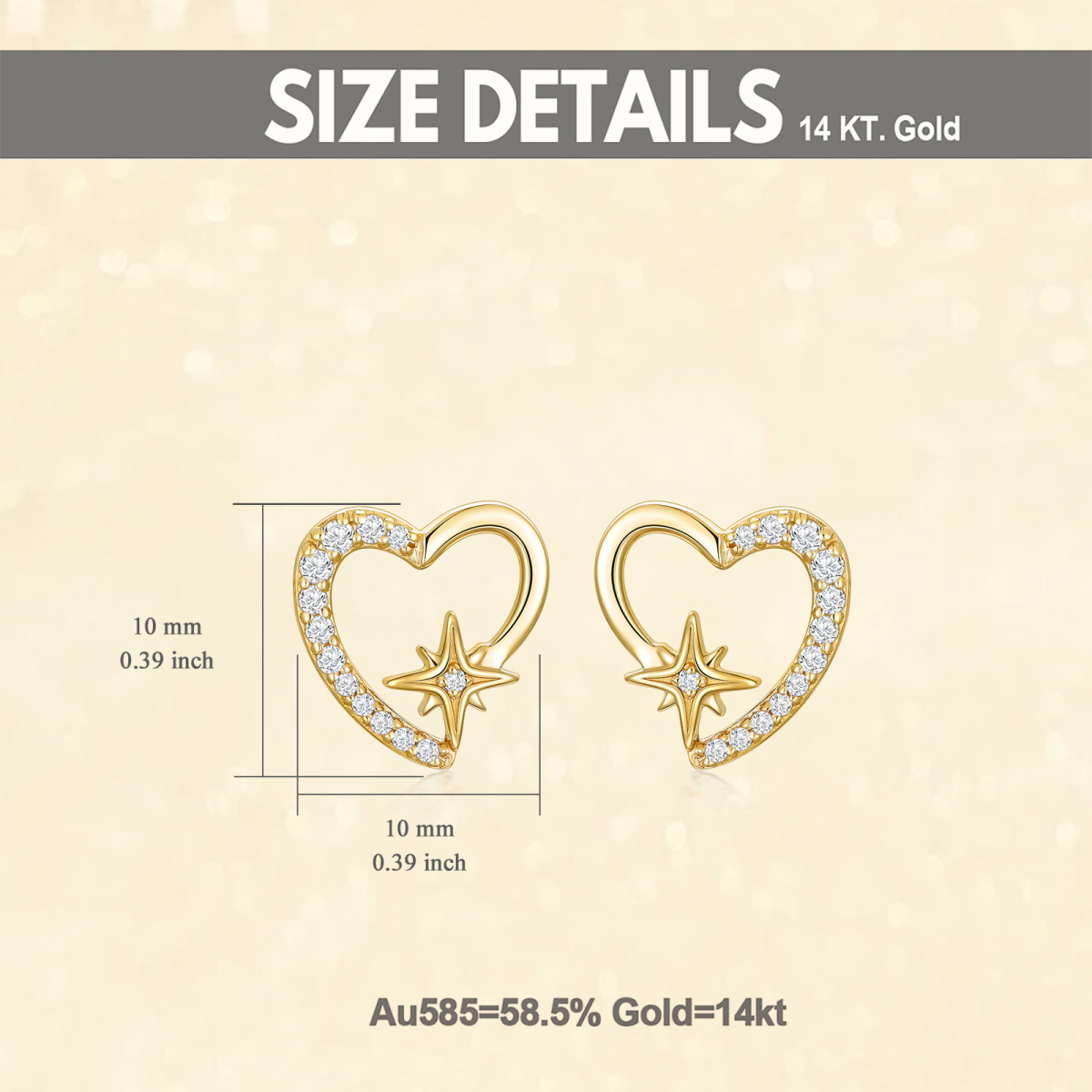 Pendientes de oro de 14 quilates con circonita cúbica, corazón y estrella-5