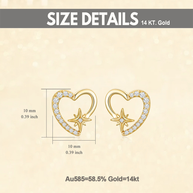 Pendientes de oro de 14 quilates con circonita cúbica, corazón y estrella-4