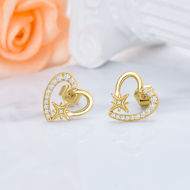 14K Gold Cubic Zirconia Heart & Star Stud Earrings-4