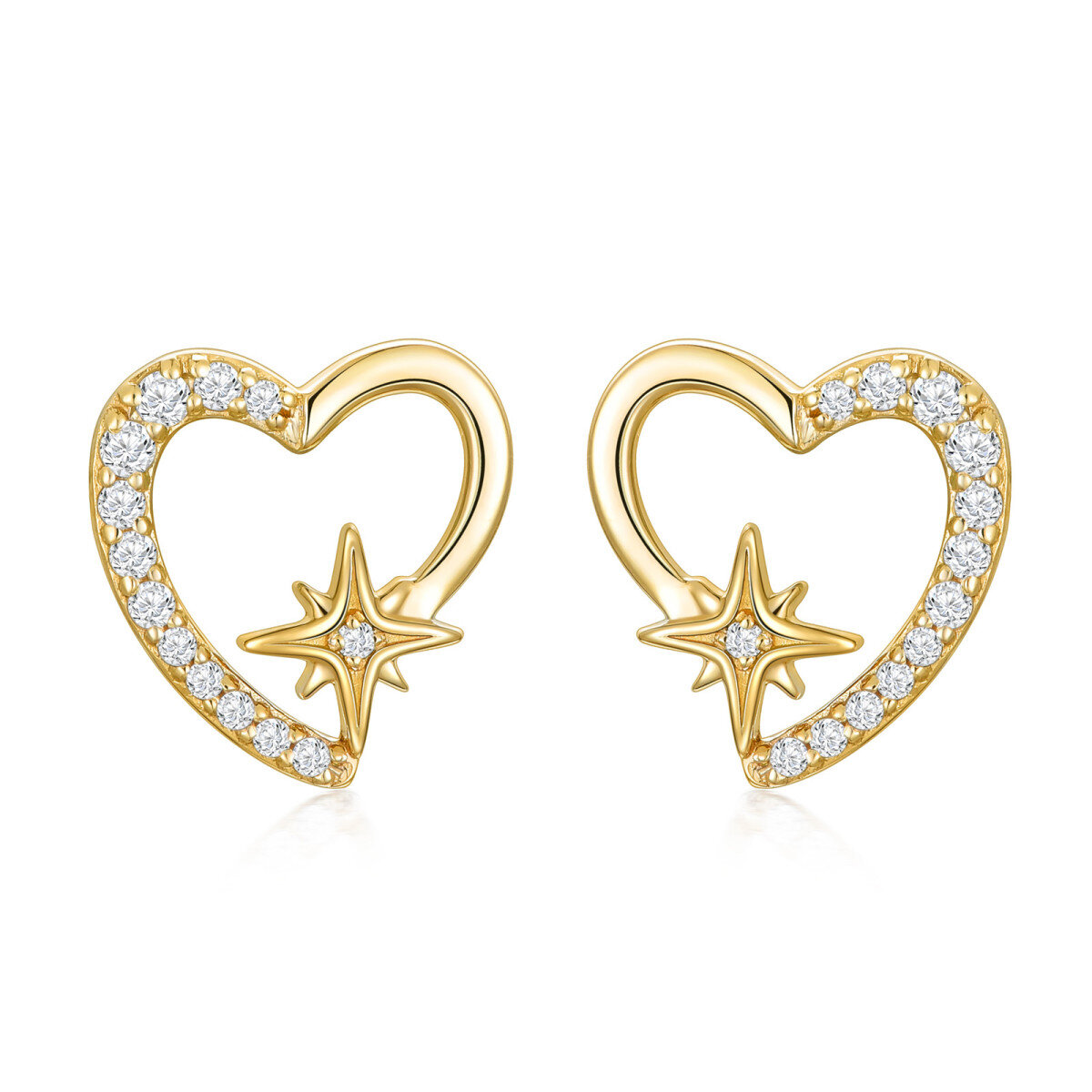14K Gold Cubic Zirconia Heart & Star Stud Earrings-1