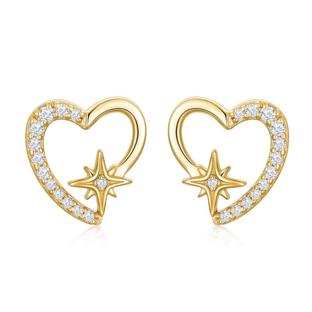 14K Gold Cubic Zirconia Heart & Star Stud Earrings-1