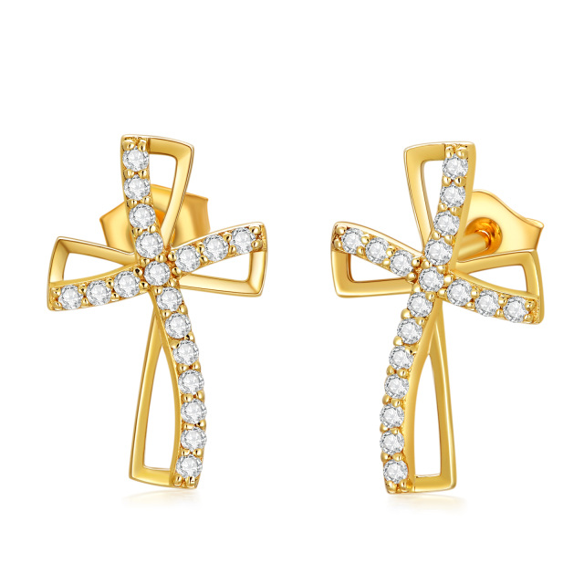 10K Gold Cubic Zirconia Cross Stud Earrings-1