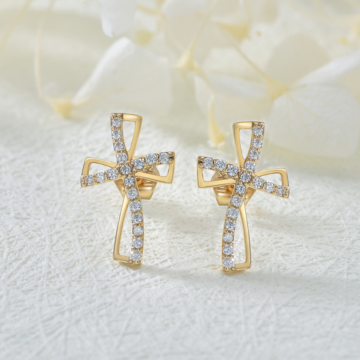 10K Gold Cubic Zirconia Cross Stud Earrings-3