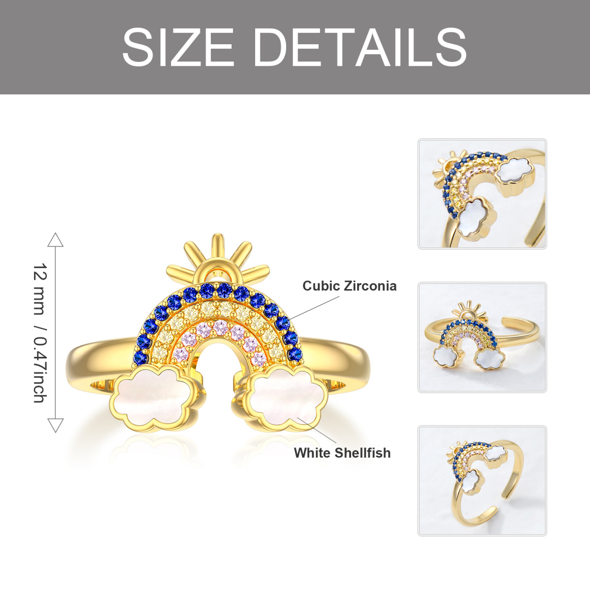 Offener Ring aus 10 Karat Gold mit Zirkonia im Regenbogen-Look-5