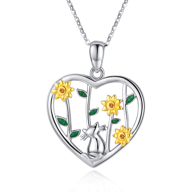 Sterling Silver Cubic Zirconia Cat & Sunflower Pendant Necklace-1