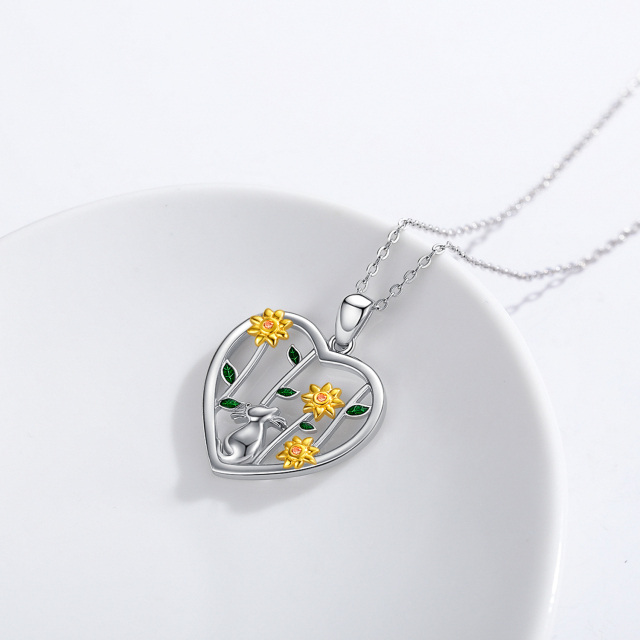 Sterling Silver Cubic Zirconia Cat & Sunflower Pendant Necklace-3