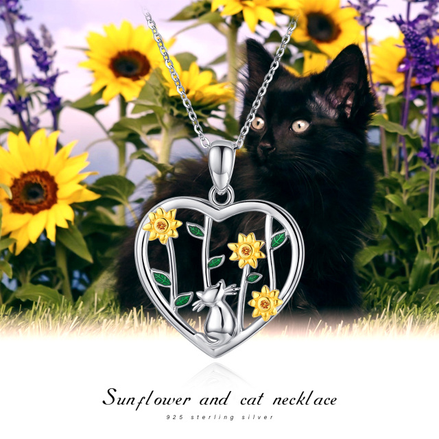 Sterling Silver Cubic Zirconia Cat & Sunflower Pendant Necklace-5