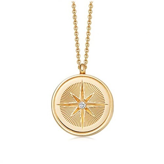 Sterling Silver with Yellow Gold Plated Circular Shaped Cubic Zirconia Personalized Photo & Compass Personalized Photo Locket Necklace-3