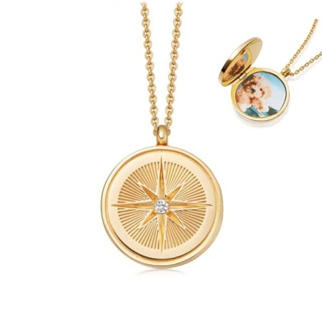 Sterling Silver with Yellow Gold Plated Circular Shaped Cubic Zirconia Personalized Photo & Compass Personalized Photo Locket Necklace-1