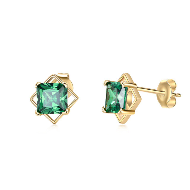 14K Gold Princess-square Shaped Cubic Zirconia Square Stud Earrings-1