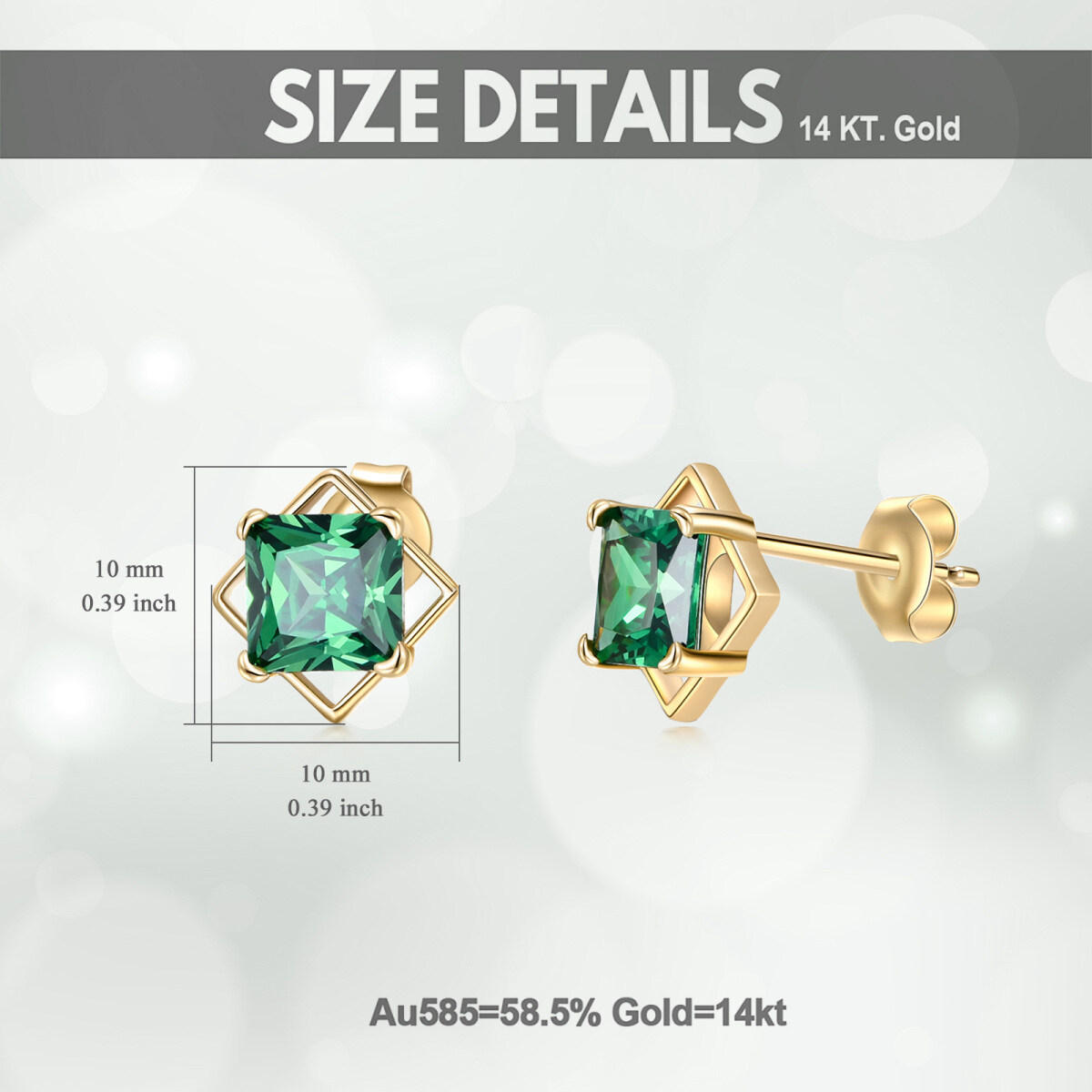 14K Gold Princess-square Shaped Cubic Zirconia Square Stud Earrings-5