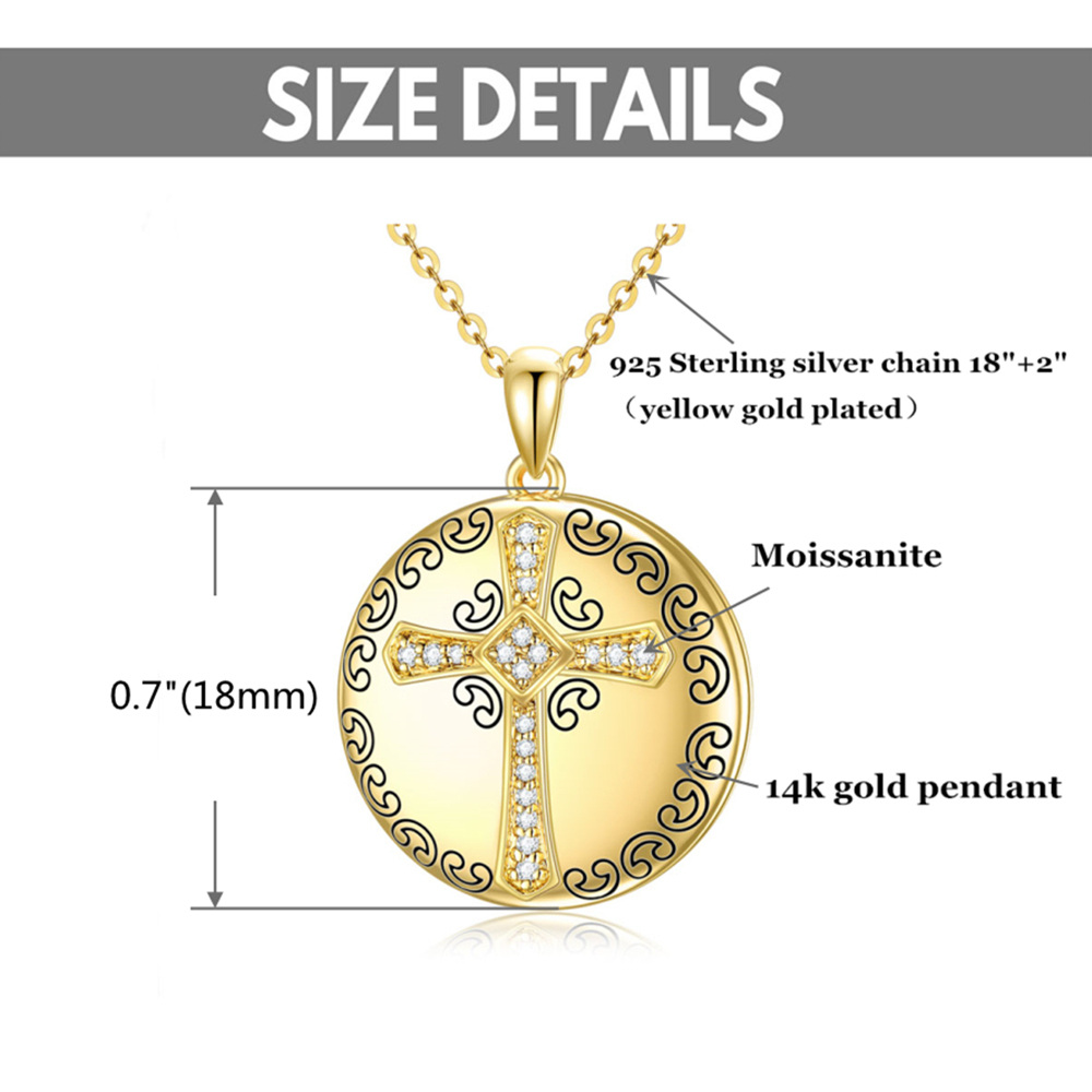 14K Gold Round Moissanite Cross Pendant Necklace-6