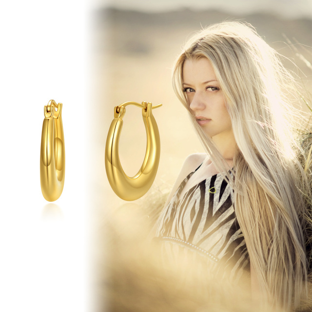 18K Gold Oval Shaped Hoop Earrings-4