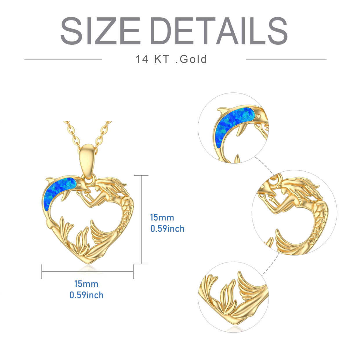 Collar de oro de 14 quilates ópalo delfín y el corazón y colgante de sirena-5