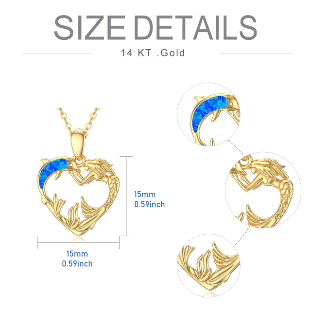 14K Gold Opal Dolphin & Heart & Mermaid Pendant Necklace-4