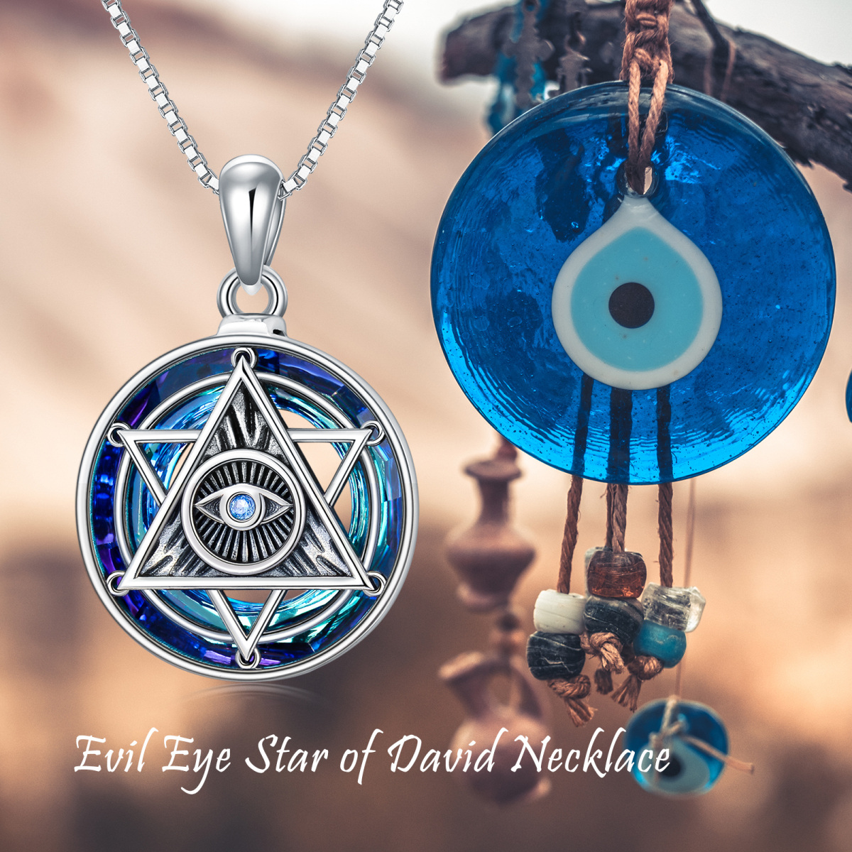 Sterling Silver Circular Shaped Evil Eye & Pentagram Crystal Pendant Necklace-6