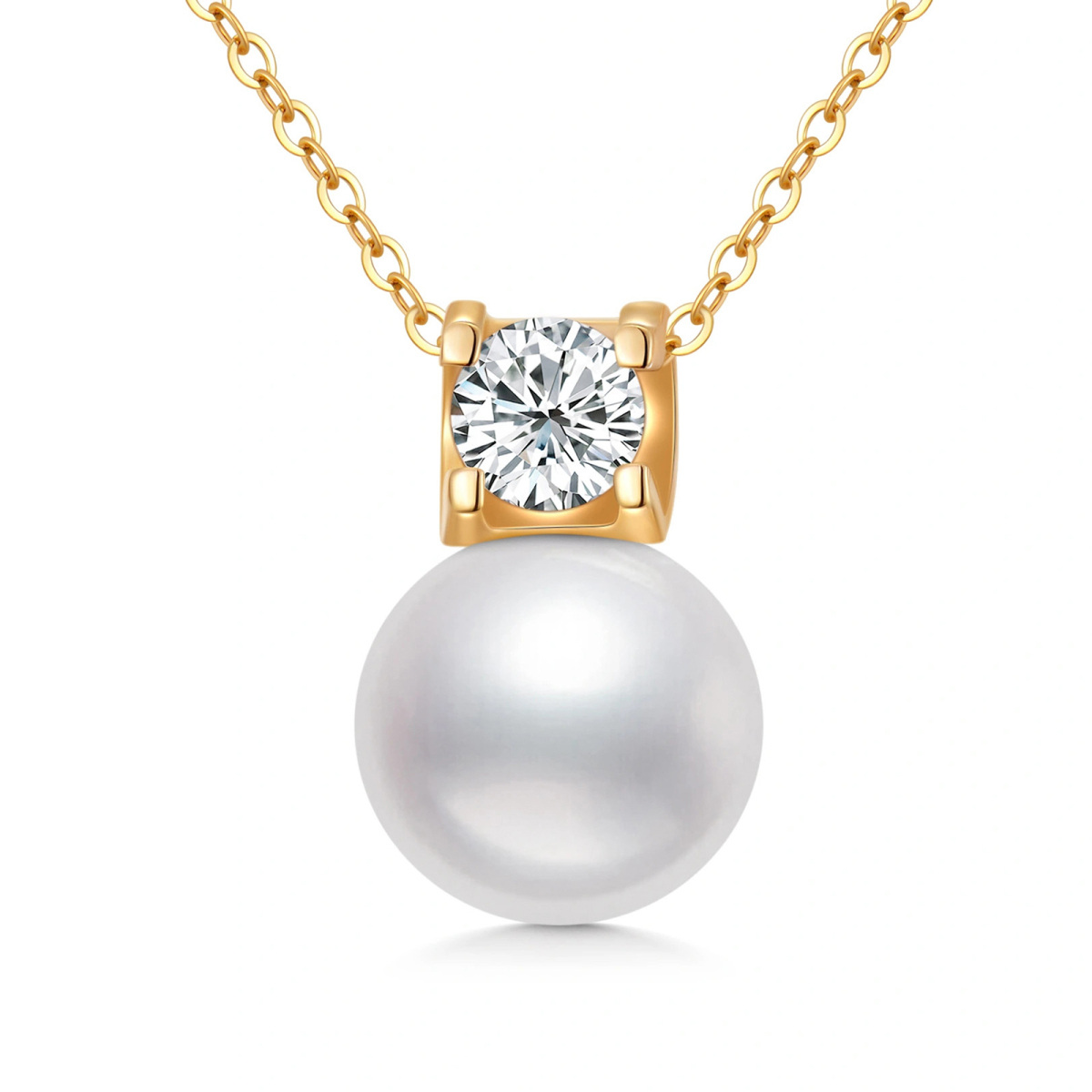 14K Gold Pearl Pendant Necklace with Princess Cut Moissanite-1